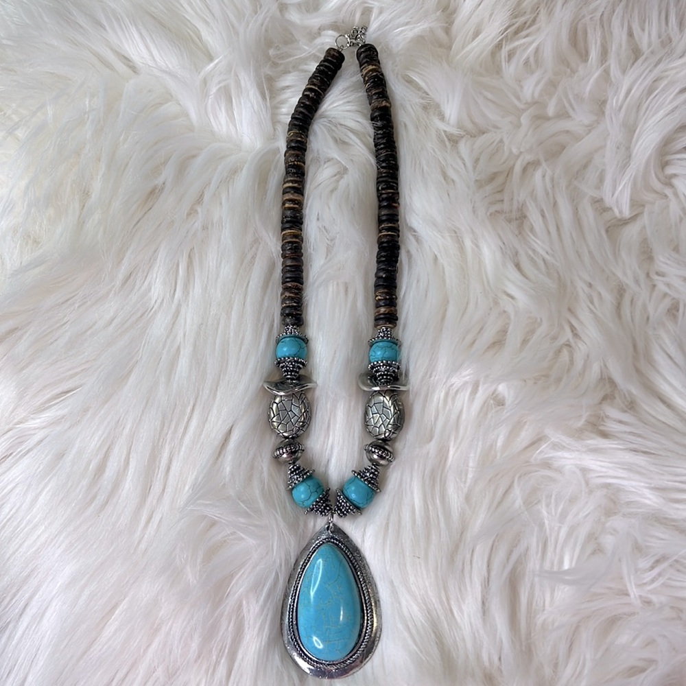 Boho Turquoise large stone wood and silver statement necklace